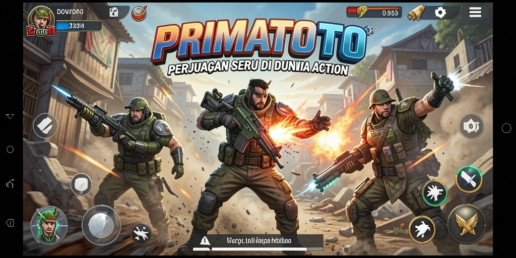 Screenshot PRIMATOTO menampilkan aksi pertempuran yang seru.